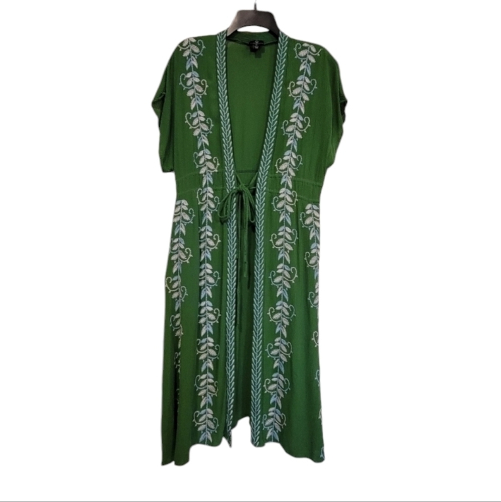 Curations drawstring green & white embroidered trim duster, side slits Sz PM